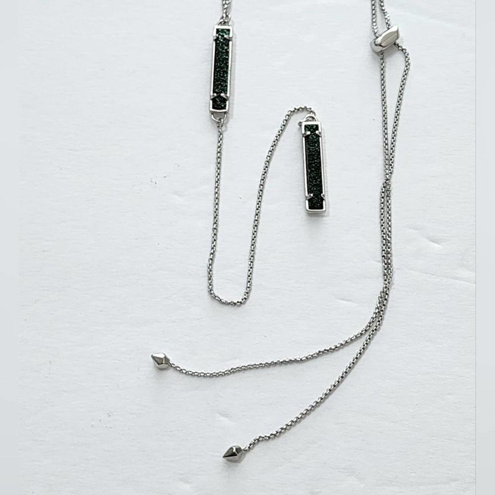 Kendra Scott Lilly Silver Y Necklace in‎ Sage green Drusy silver new